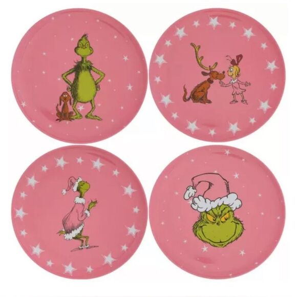 Set of 4 Pink Melamine Grinch Plates - Picture 1 of 2